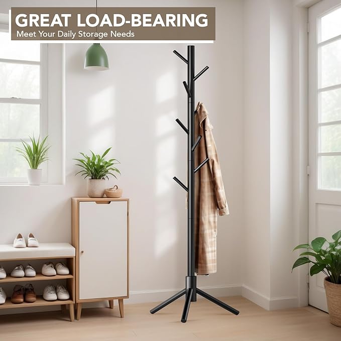 Wooden Tree Coat Rack Stand,Sturdy Freestanding Coat Rack with 8 Hooks,3 Adjustable Height for Child Adult,Wood Coat Stand Tree Fits Entryway Bedroom Office for Bags,Hats-DeskLoop Office