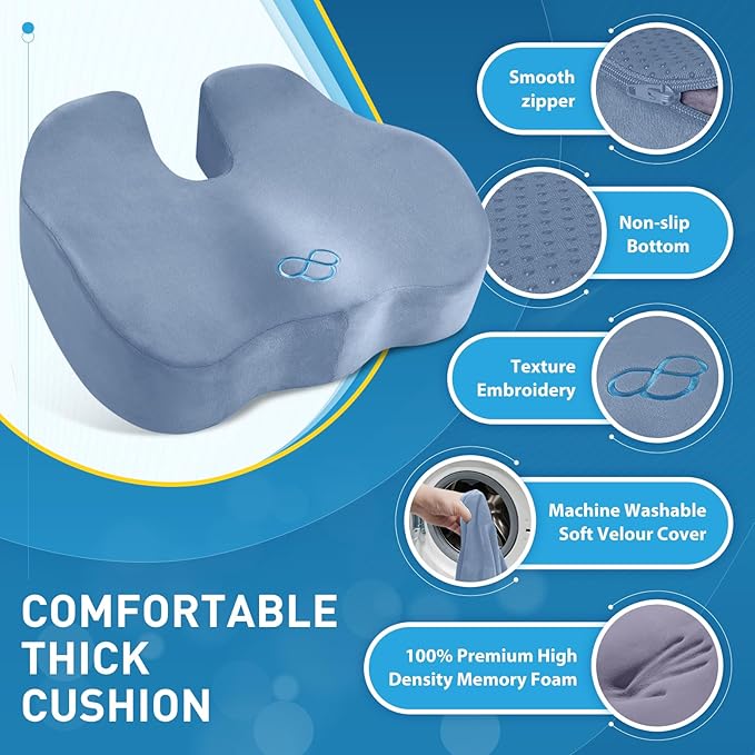 BlissTrends Seat Cushion,5.2in Thick Memory Foam Cushions for Office Chair, Car Seat, Airplane, Relieving Pressure Tailbone Sciatica Back Pain for Long Sitting Office Workers, Car Drivers LightBlue-DeskLoop Office