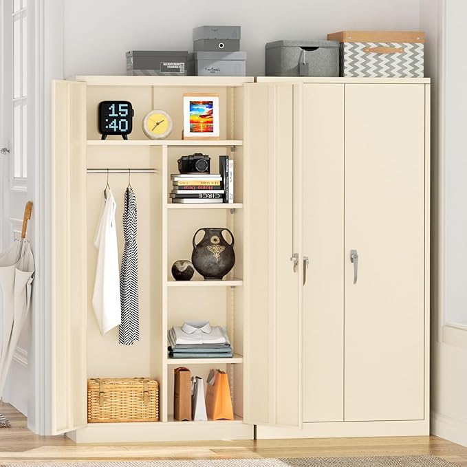 Greenvelly Metal Storage Wardrobe Cabinet with Lock, 72" Grey Metal Wardrobe Closet for Hanging Clothes with Doors and Shelves, Modern Clothes Closet for Home, Office and Bedroom, School,Gym-DeskLoop Office