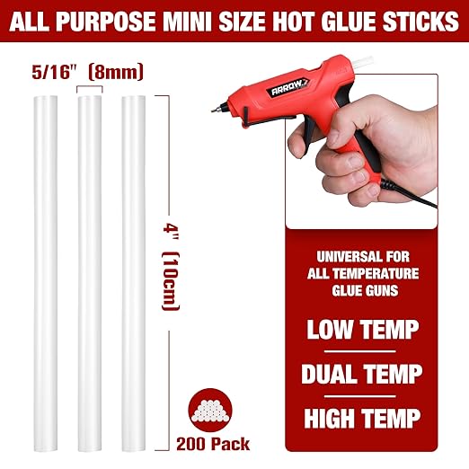 Arrow Mini Hot Glue Sticks, 200 Pack Clear Glue Gun Sticks, 4" and 5/16'' Diameter High Viscosity All-Purpose Gun Stick for DIY Art, Craft General Repairs, Festival Home Decoration-DeskLoop Office
