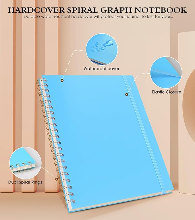 Graph Paper Notebook, Spiral Notebook Journal 8.5” x 11”, A4 Large Grid Notebooks for Women Men, 100 GSM Graph Paper, Plastic Hardcover Spiral Graphing Journals for Work School Engineerin, Blue-DeskLoop Office