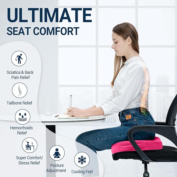 Gel Seat Cushion for Car Office - Memory Foam Pain Relief Chair Pillow Cushions - Tailbone Sciatica Coccyx Butt Lumbar Support Pad for Sitting Driving Traveling, Velvet, Pink-DeskLoop Office