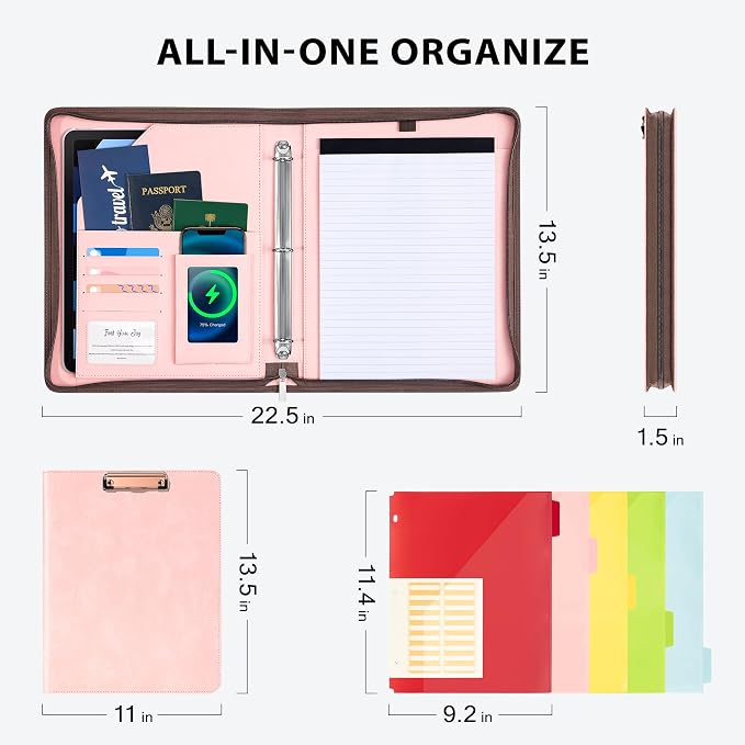 Ospelelf Zippered Padfolio Organizer, Faux Leather 3 Ring Binder - Image 3