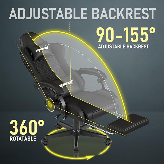 Gaming Chair,Ergonomic Computer Chairs for Adults with Footrest, PU Leather Office Chair with Adjustable Lumbar Support & Pocket Spring Cushion - Heavy Duty 400lb Capacity Gamer Chair(Black)-DeskLoop Office