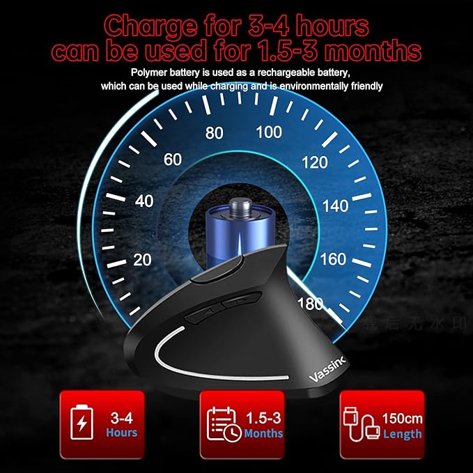 Vassink Ergonomic Mouse, Rechargeable Wireless Mouse, 2.4GHz Rechargeable Wireless Vertical Optical Mice with USB Receiver, 6 Buttons for Laptop, PC, Computer Black-DeskLoop Office