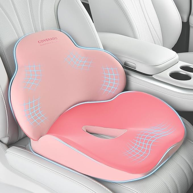 Coverado Seat Cushion and Lumbar Support Pillow for Car Office Chair, Ergonomic Memory Foam Desk Chair Cushion Back Support Pillow, Sciatica & Back & Tailbone Pain Relief Cushion-Pink-DeskLoop Office