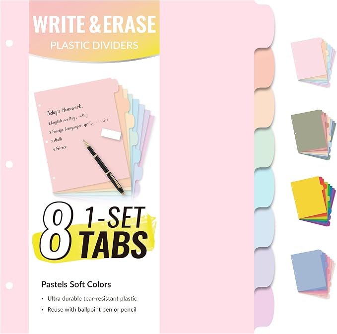 Sooez 8 Tabs Long-Lasting Plastic Write & Erase Large Tabs Dividers by Sooez