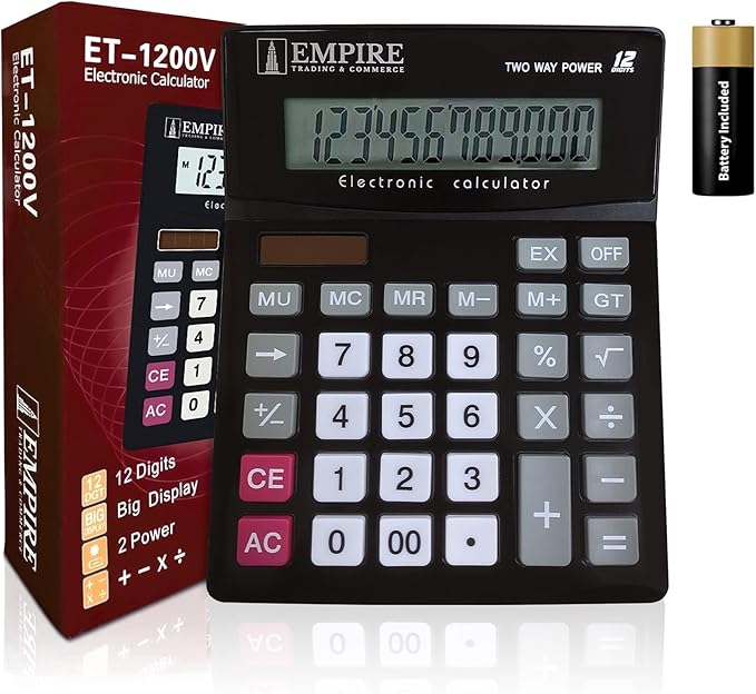 Empire Desk Calculator with Large Key Buttons, 12 Digits, Large Eye-Angled Display, Solar and Battery Powered for Home and Office (Battery Included)-DeskLoop Office
