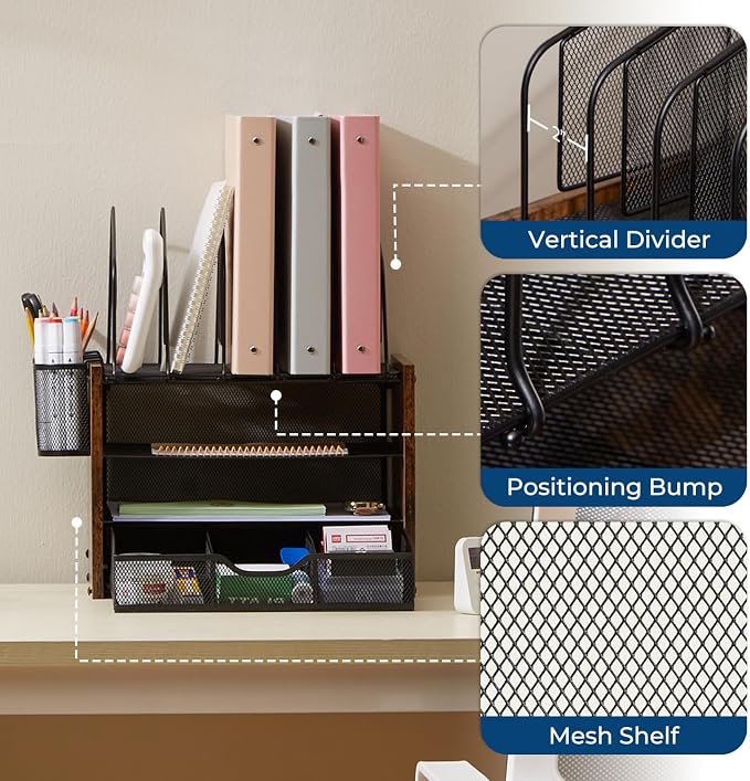 Y YOMA Wooden Desk Organizer, 4-Tier Mesh Desk Organizer - Image 4