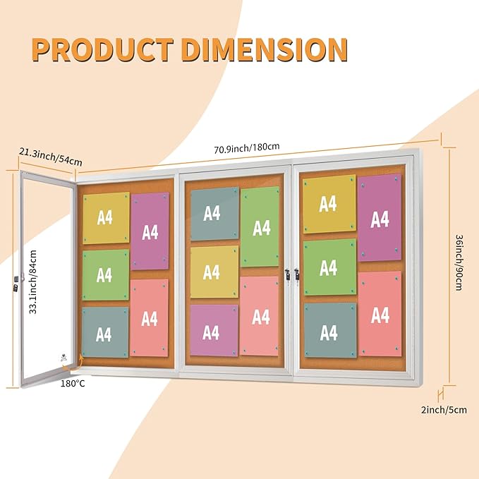 Lockable Outdoor Enclosed Bulletin Board, Weatherproof Cork Noticeboard with Locking Door, Wall-Mounted Aluminum Silver Framed Display Case for Messages,70x36 Inch-DeskLoop Office