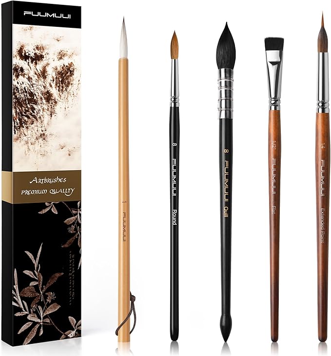 Watercolor Paint Brushes, 5pcs Fuumuui Professional Sable Brush, Wool & Synthetic Squirrel Brushes Set with Extended Needle, Round Point, Flat, Quill Wash Perfect for Watercolor Acrylic Gouache Inks-DeskLoop Office