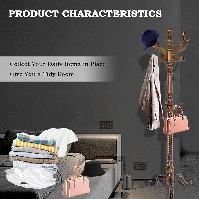 Coat Racks FreeStanding with 11 Hooks, Natural Wood Coat Rack with Tri-Legged Base, Adjustable Height Coat Racks, Easy Assembly for Hallway, Bedroom and Office (Walnut-Tri-Legged Base)-DeskLoop Office