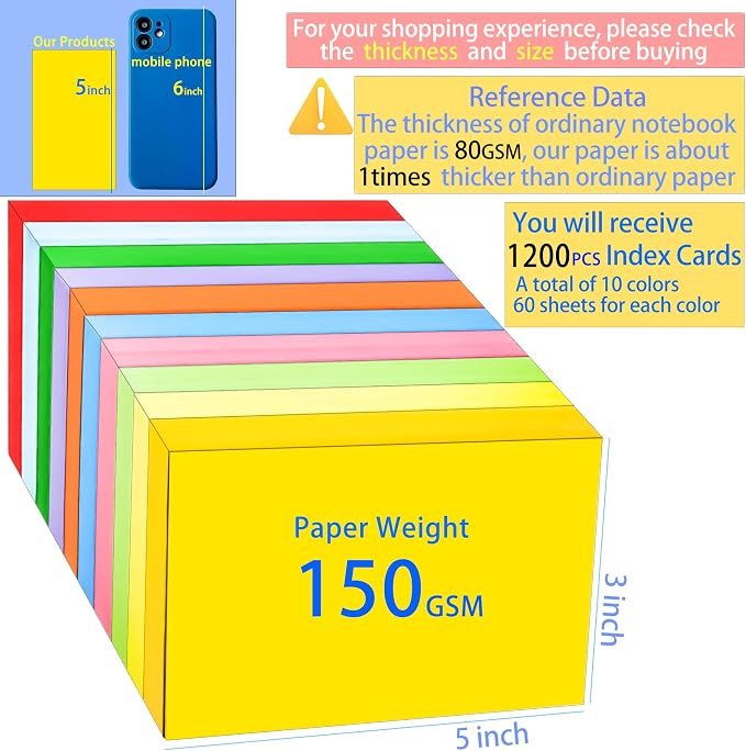 1200Pcs Blank Colored Index Cards 3x5 Inch Flash Cards, Blank Note Card - Image 2