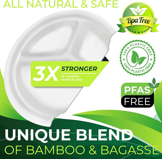 100PCS 100% Compostable 10in Paper Plates, 3 Compartment Heavy Duty Disposable - Image 4