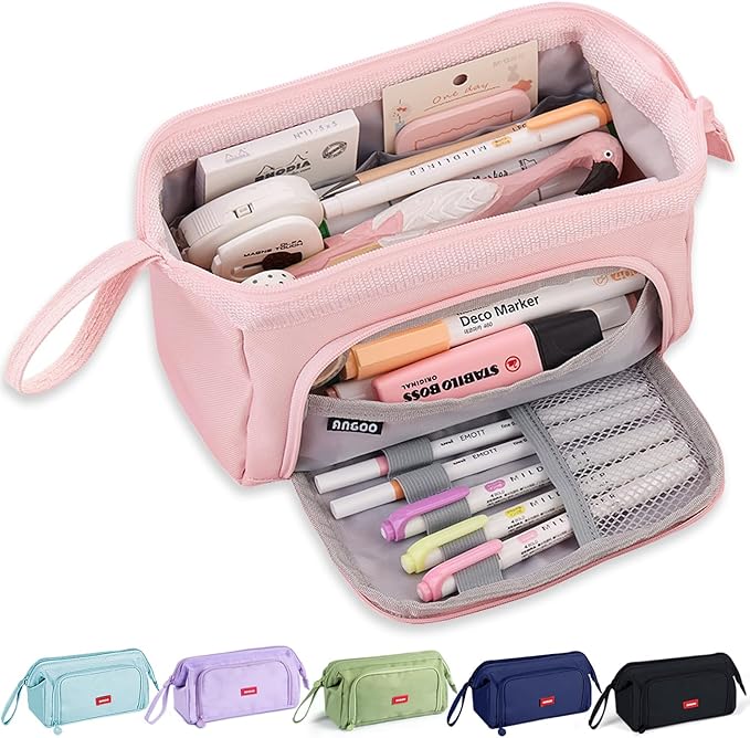 MAMUNU Pencil Case Pouch Large Capacity with Compartments, Pencil Case Pouch Bag with Zipper Handle for Teen Girls Adults Women, Portable Pen Bag Stationery Organizer for Office School Travel, Pink-DeskLoop Office