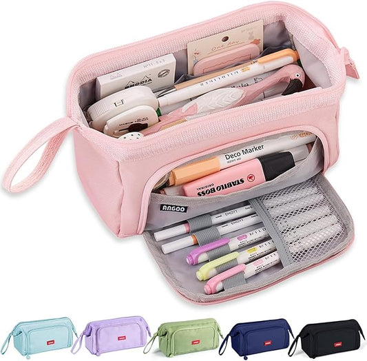 MAMUNU Pencil Case Pouch Large Capacity with Compartments, Pencil Case Pouch Bag with Zipper Handle for Teen Girls Adults Women, Portable Pen Bag Stationery Organizer for Office School Travel, Pink-DeskLoop Office