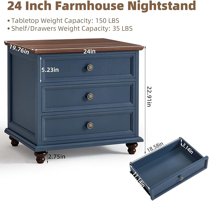 24" Wide Farmhouse Night Stand Set of 2,Large End Table with 3 Drawers & Metal Handle,Blue Wood Dresser for Bedroom Cabinet, Bed Side Table Chest of Drawers,Nightstand for Living Room,Closet-DeskLoop Office