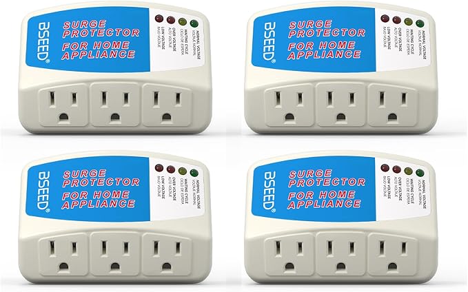 BSEED Surge Protector for Home Appliance 3 Outlet Surge Protector for Refrigerator Voltage Protector for TV, PC, PS5, Air-Conditioning and Other Valuable Household Electronic 125V, 1875W, 4 Pack-DeskLoop Office