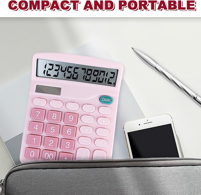 Basic Calculator with Comfortable Large LCD Display, 12 Digits Calculators Desktop, Tilt Screen, Big Button, Desk Calculator with Dual Power (Solar & Battery Included) (Pink)-DeskLoop Office