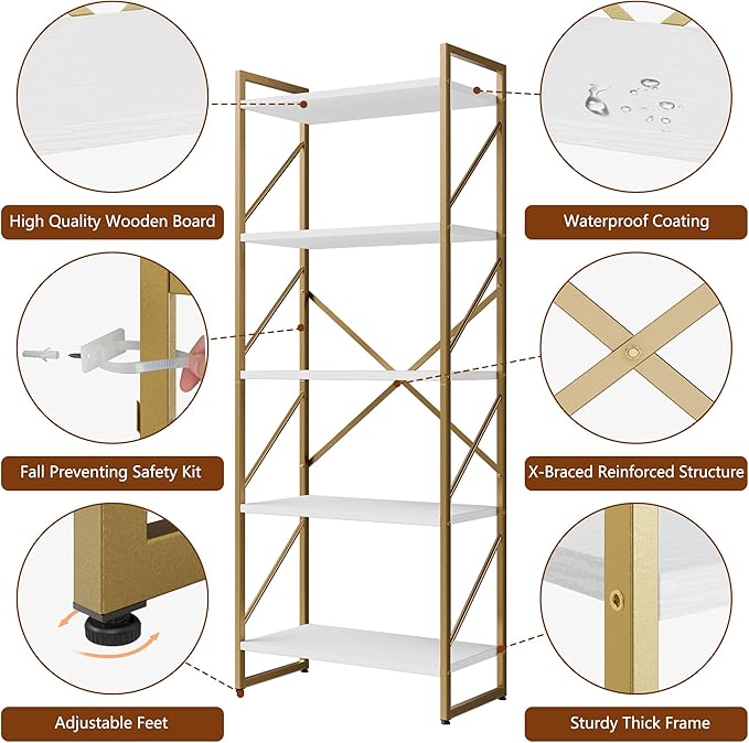 Shintenchi 5 Tiers Bookshelf, Classically Tall Bookcase Shelf, Industrial Book - Image 4
