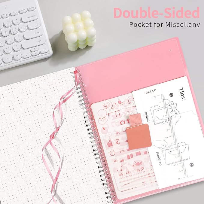 AHGXG Bullet Dotted Journal - Dot Grid Spiral Notebook 8.5" x 11", A4 Large Dotted Notebook, 100 GSM Thick Paper, Waterproof Plastic Cover Journals for Bullet Journaling, Sketching, Pink-DeskLoop Office