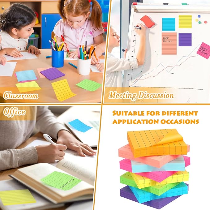 Yexiya 64 Pcs Lined Sticky Notes Self Stick Notes with Lines Bright Assorted Colors Sticky Pad for Home Office Products Post Memos, 1920 Sheets(4 x 6 Inch, 3 x 3 Inch,Vivid Color)-DeskLoop Office