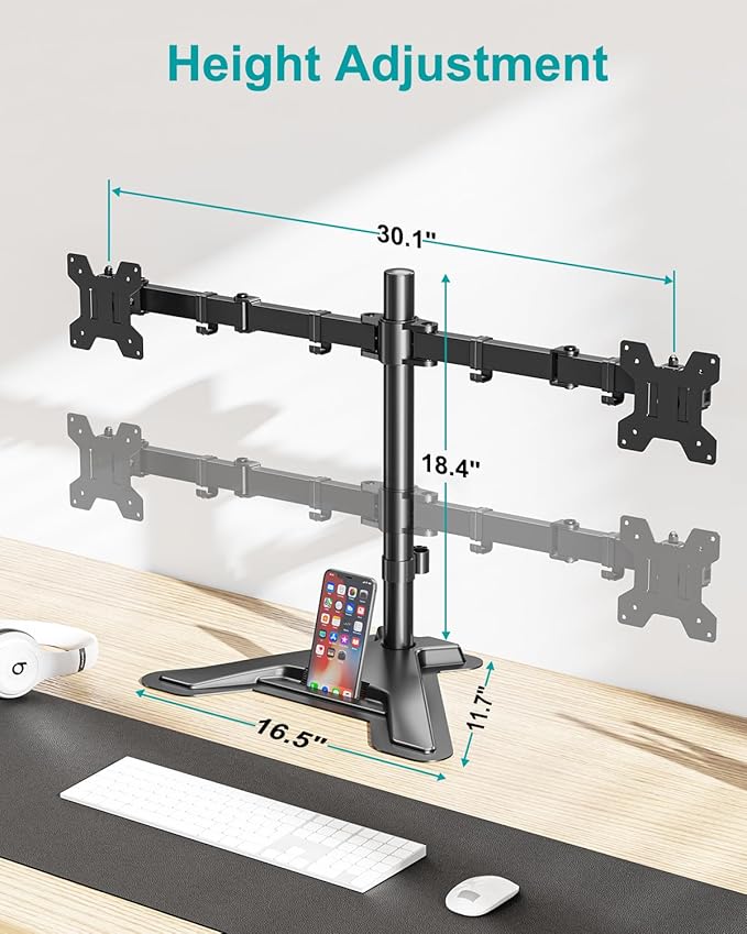 MOUNT PRO Dual Monitor Stand, Free-Standing Full Motion Monitor Desk Mount Fits 2 Screens up to 27 inches,17.6lbs with Height Adjustable, Swivel, Tilt, Rotation, VESA 75x75 100x100, Black-DeskLoop Office