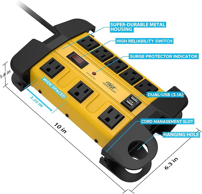 Heavy Duty Surge Protector Power Strip with 2 USB Ports, CRST 8-Outlet Metal Industrial Power Block with 15A Circuit Breaker, 6ft Extension Cord, 1350 Joules for Workshop, Garage, Office, Shop…-DeskLoop Office