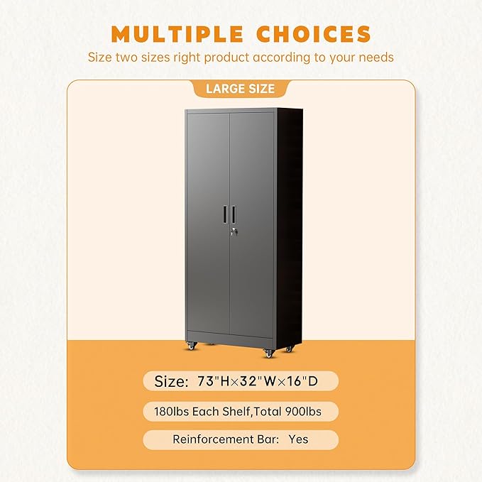 Greenvelly 74" Metal Storage Cabinet with Wheels, Lockable Rolling Metal Garage Cabinets with 2 Doors and 4 Adjustable Shelves, Rolling Tool Cabinet for Garage, Home Office, School-DeskLoop Office