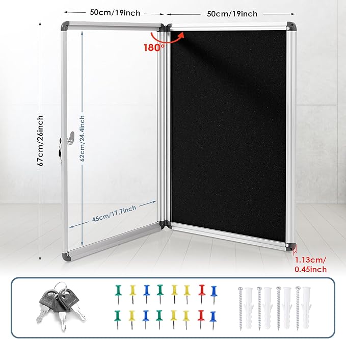 Enclosed Bulletin Board Lockable Display Case Message Board with Locking Door for Indoor, Black Felt, Silver Aluminum Frame, 26x20inch(4XA4)-DeskLoop Office