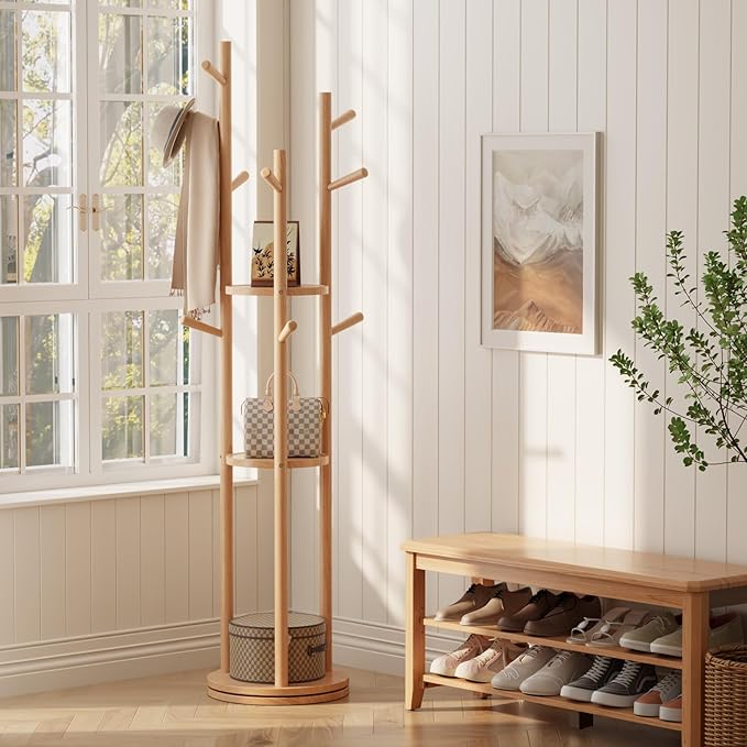 Solid Wood Rotary Coat Rack, Freestanding Coat Rack with 3 Shelves and 9 Hooks, Coat tree for Bedroom, Entryway, Livingroom, Coat Hanger Stand for Coats, Scarves, Handbags (Natural)-DeskLoop Office