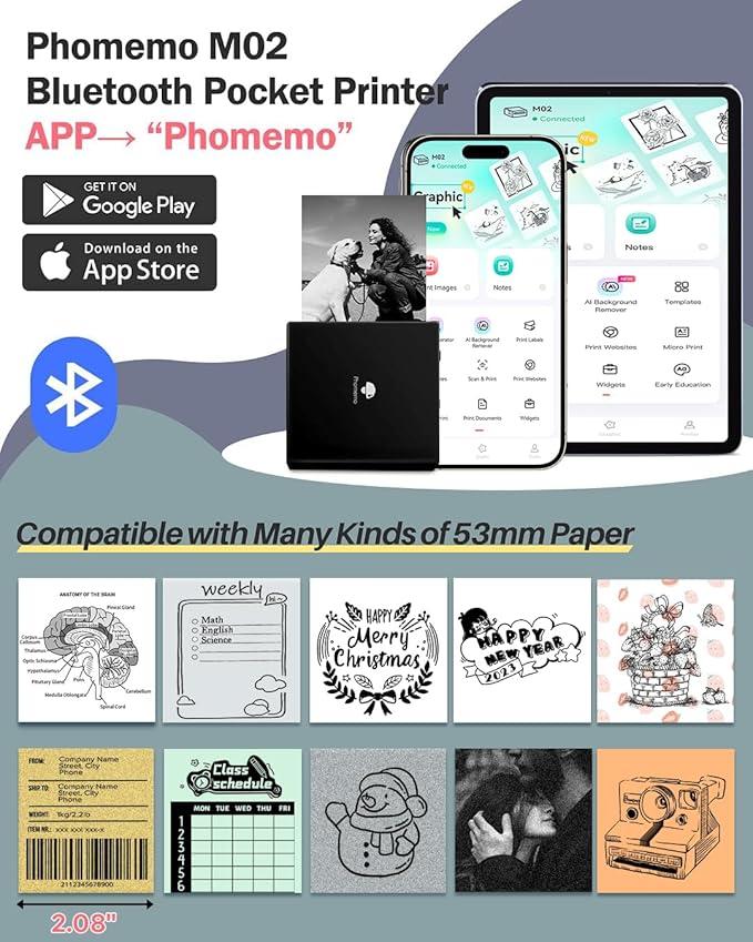 Phomemo Mini Sticker Printer- Mini Printer Sticker Maker Machine M02, Print Pods Suitable for Creative DIY, Diaries, Photos, Study Notes, Portable Thermal Inkless Label Maker for Home/Travel, Black-DeskLoop Office