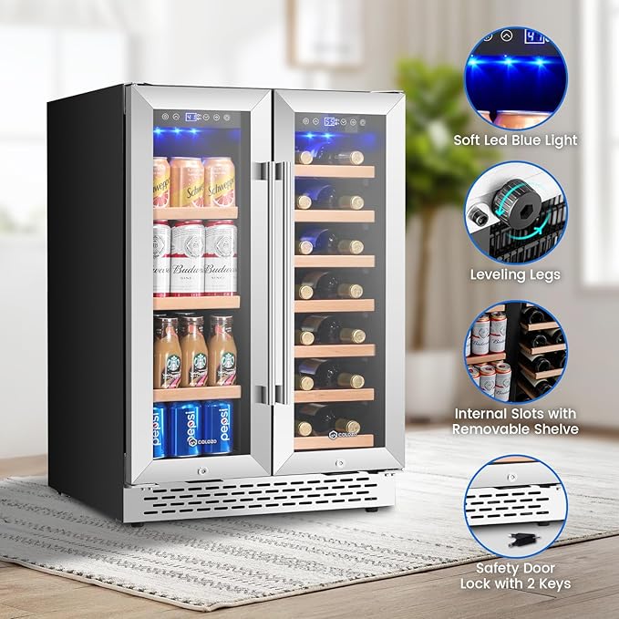 24 Inch Wine and Beverage Refrigerator Under Counter, Dual Zone 20 Bottles & 88 Cans Beverage Fridge with Stainless Steel Tempered Glass Door, Built-in/Freestanding Mini Fridge for Office/Bar/Kitchen-DeskLoop Office