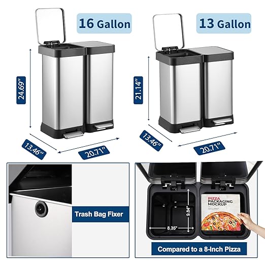 16 Gallon Dual Compartment Trash & Recycling Bin - Soft Close Lid Kitchen Garbage Can, Stainless Steel Step Pedal, Space Saving Design for Home/Office (60L 2x30L, No Inner Bucket)-DeskLoop Office