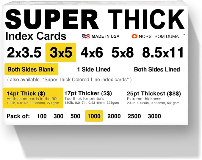 1, 000 SUPER THICK index cards / 3"x5" / 14pt 100lb / blank un-ruled/archival by Norstrom+Dumati