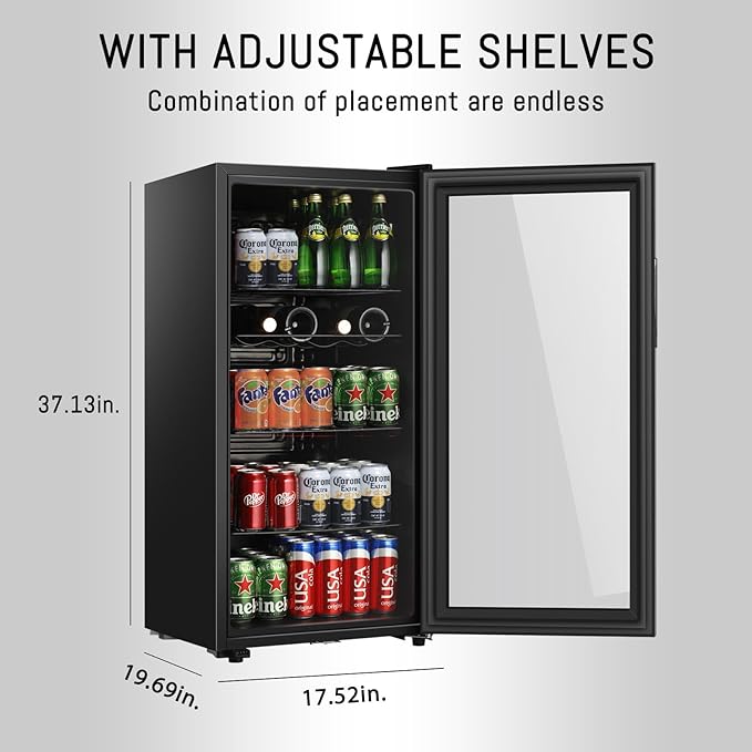 LANG Beverage Refrigerator, 4.5 Cu.Ft, Mini Fridge with Glass Door for Soda Beer, Freestanding Beverage Cooler for Office, Bar, Adjustable Shelving&Adjustable Foot-DeskLoop Office
