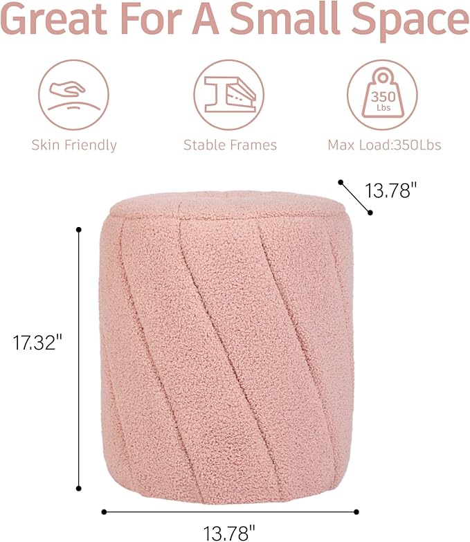 Modern Round Ottoman, Spiral-Tufted Foot Stool Ottoman, Teddy Fleece Upholstered Vanity Stool for Makeup, Bedroom, Living Room, Pink-DeskLoop Office