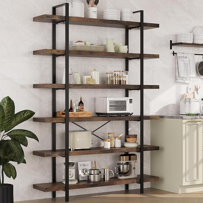 Heavy Duty 6-Tier Industrial Bookcase, 47" Wide Wood Bookshelf for Home Office, 120lbs Shelf Capacity, Rustic Open Shelving Display with Reinforced Horizontal Shelf for Living Room Bedroom-DeskLoop Office