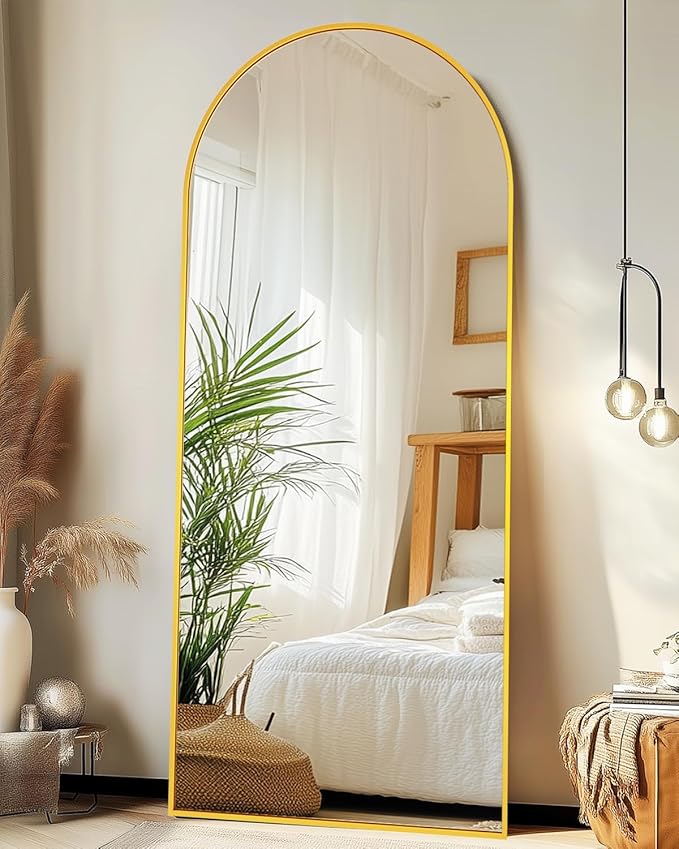 Full-Length Floor Mirror with Stand, 71"x28" Arched Style Full Body Standing Mirror for Bedroom, Living Room, Gym, Dorm - Shatter-Resistant & Easy Assembly, Gold-DeskLoop Office