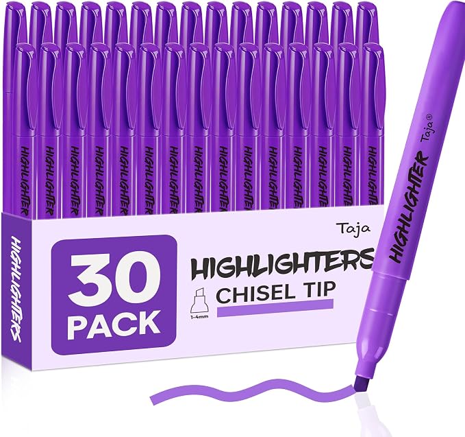 Taja 30 Pack Highlighters Purple, Chisel Tip Markers by Taja