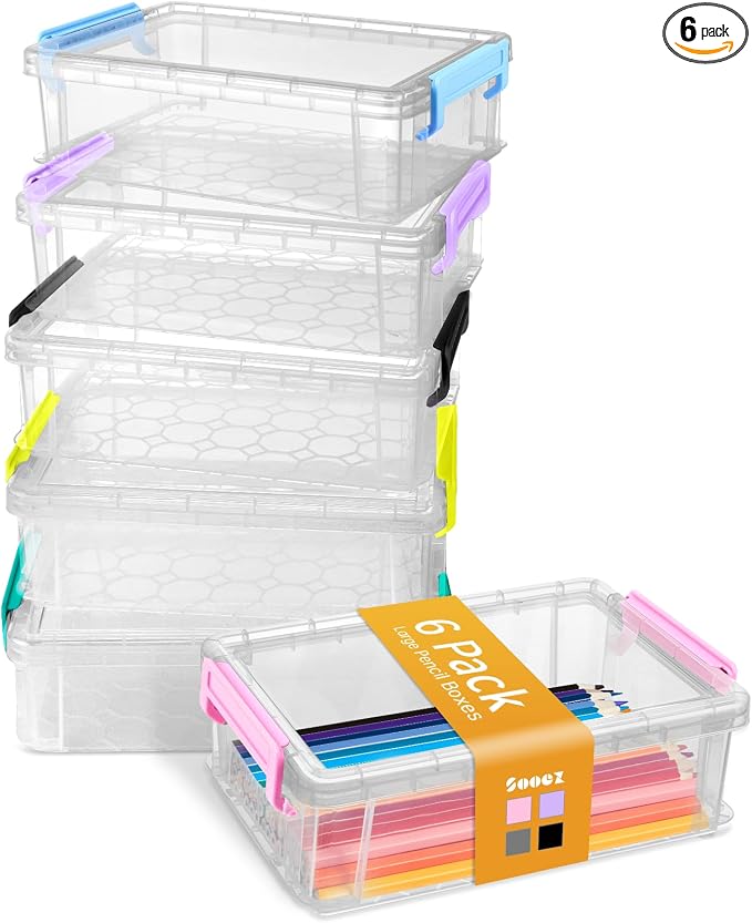 Sooez 6 Pack Extra Large Pencil Box, Plastic Hard Pencil Case Crayon Box Bulk by Sooez