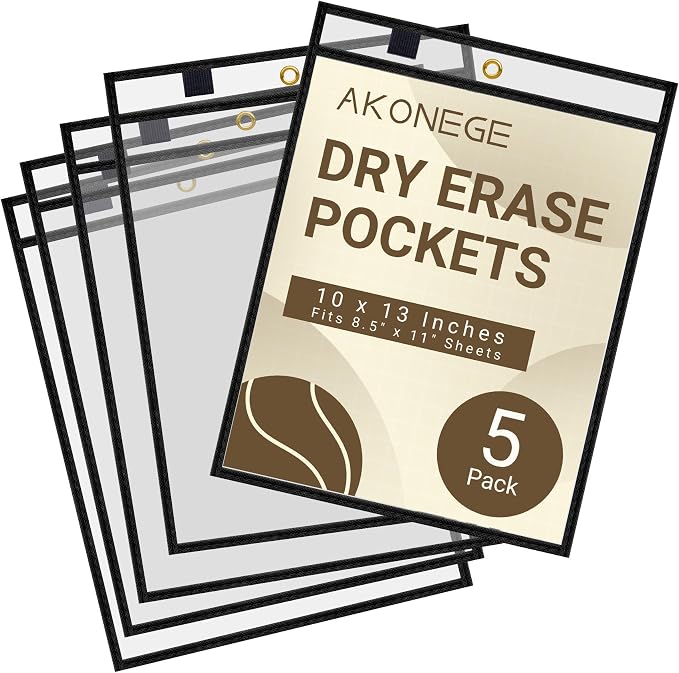 AKONEGE 5 Pack Oversized Dry Erase Pocket Sleeves Reusable 10 x 13 Inches Black by AKONEGE