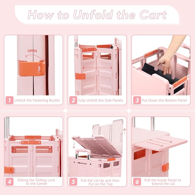 FELICON SELORSS Folding Utility Cart Portable Rolling Crate Handcart-Pink | - Image 7