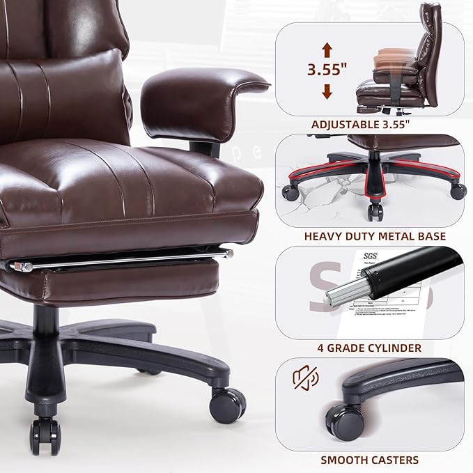 Big and Tall Office Chair 500lbs Wide Seat Executive Office Desk Chair High-Back Office Task Chair with Foot Rest, Ergonomic Lumbar Support Computer Office Chairs for Heavy People(Brown)-DeskLoop Office