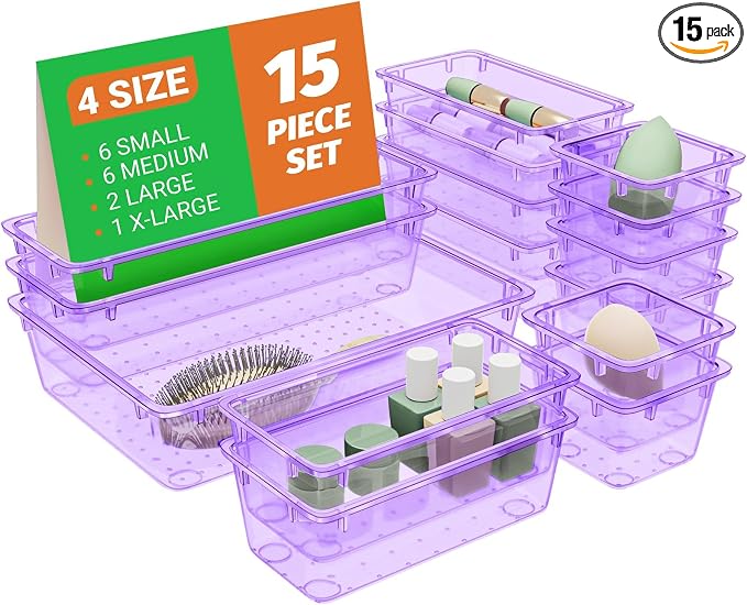 SpaceHacks 15 PCS Clear Plastic Drawer Organizer Set, 4-Size Acrylic Drawer by SpaceHacks