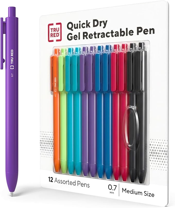 TRU RED Retractable Gel Pens, Medium Point 0.7mm, 12 Pack – Quick‑Dry Pens by TRURED