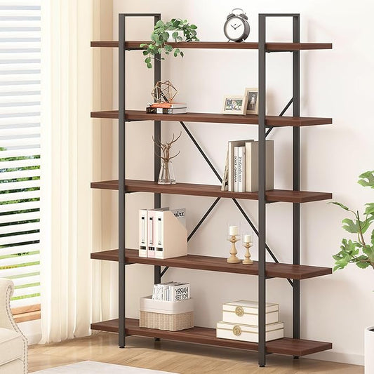 HSH Walnut 5 Tier Bookshelf, Tall Bookcases and Book Shelves 5 Shelf, Large Industrial Metal Wood Display Book Shelf Storage Rack, Rustic Open Bookcase Bookshelves for Bedroom Living Room Office-DeskLoop Office