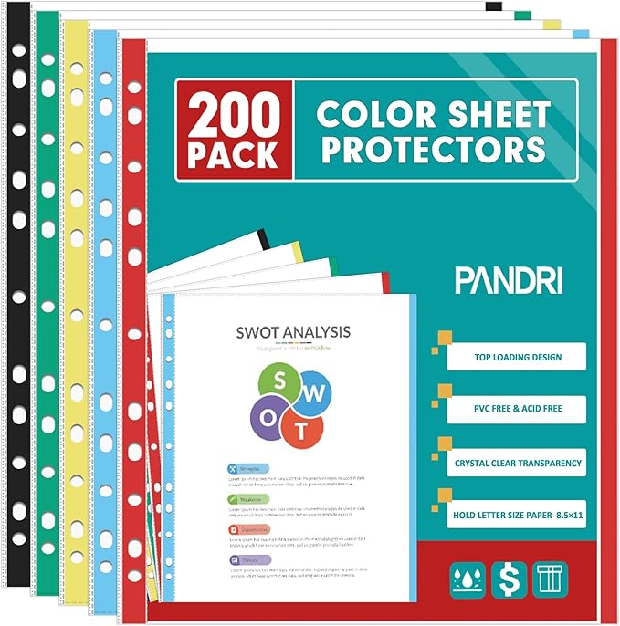 Sheet Protectors, PANDRI 200 Pack Color Heavy Duty Plastic Page Protectors by PANDRI