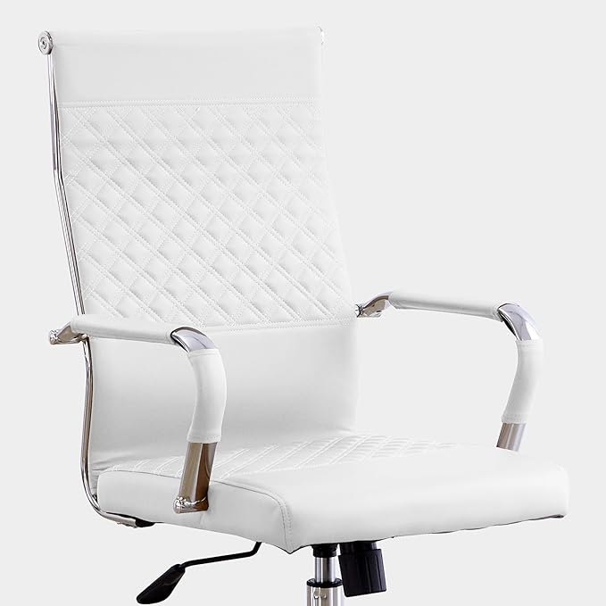 Livinia Modern Executive Office Chair with Patterned Back Design, Chrome & Leather Swivel Chair with High Back, Adjustable Height, Removable Armrests, and Wheels for Home Office (White(Chrome))-DeskLoop Office