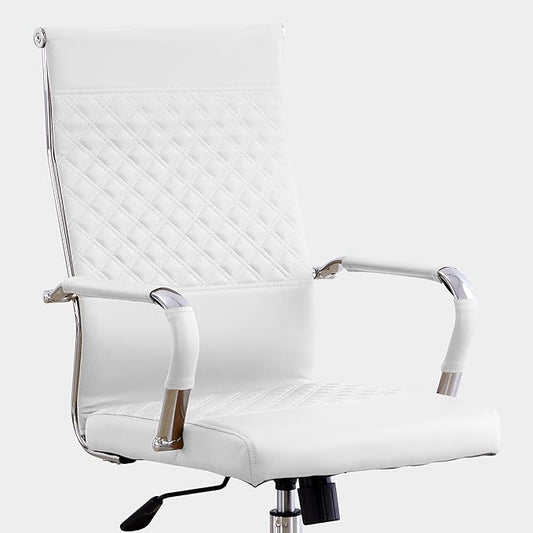 Livinia Modern Executive Office Chair with Patterned Back Design, Chrome & Leather Swivel Chair with High Back, Adjustable Height, Removable Armrests, and Wheels for Home Office (White(Chrome))-DeskLoop Office